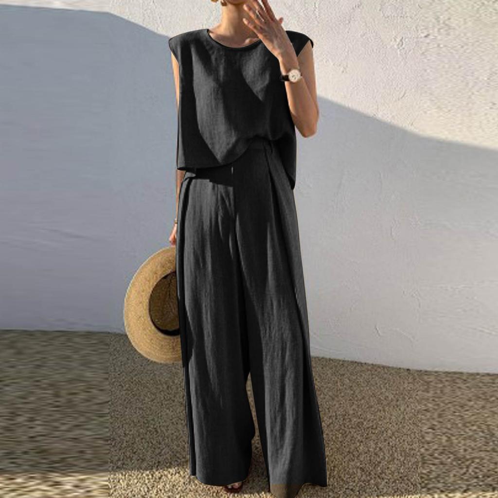 Fashion Women's Casual Sleeveless Pullover Cotton Linen Wide Leg Pants Solid Color Suit