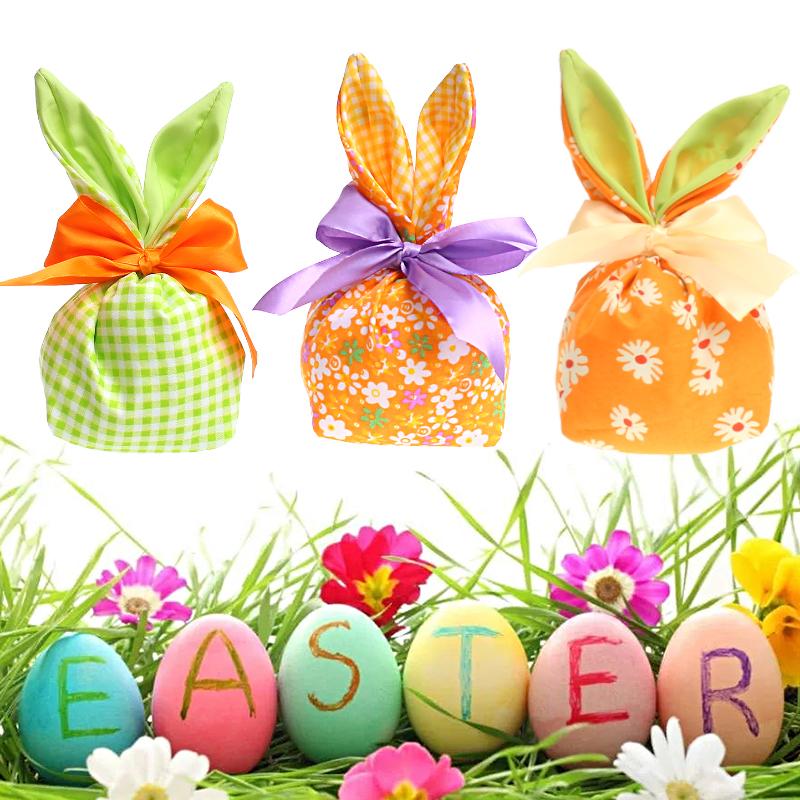 1Pc Candy Bag Easter Figure Originality Silk Ribbon Cartoon Rabbit Ear Floral Print Fabric