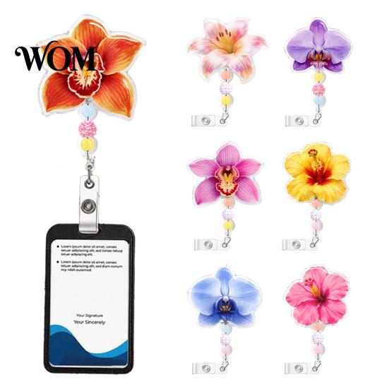 Quiet Rebound Retractable Badge Holder Cute Flower Reels, Nurse Reel Clip with Beaded Convenient One Handed Charm, Floral ID Name Card for Teacher