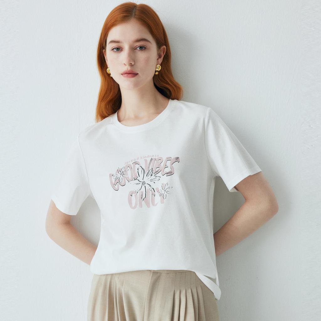 Cost effective including mulberry silk: Summer round neck letter printed short sleeved versatile casual breathable T-shirt for women