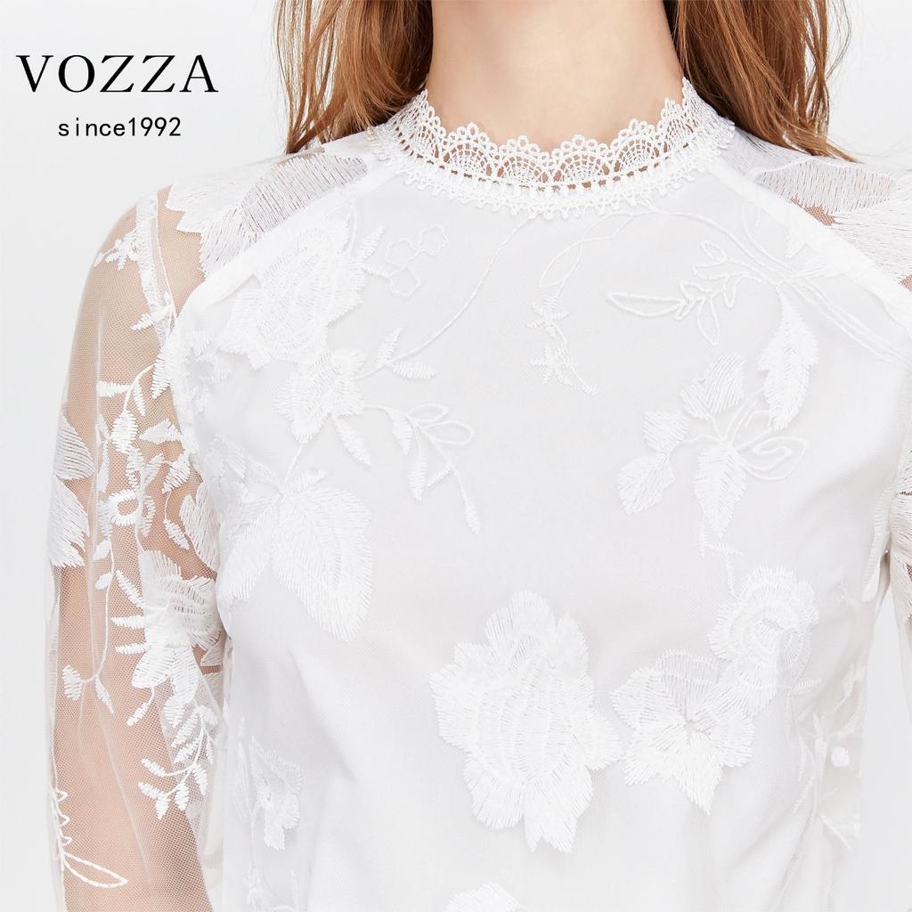 VOZZA Lace Long Sleeve Top with Embroidered Puff Sheer Floral Band Perfect for and Parties Women's See-Through Blouse/Shirt, Sleeves, Print, Stand-Up