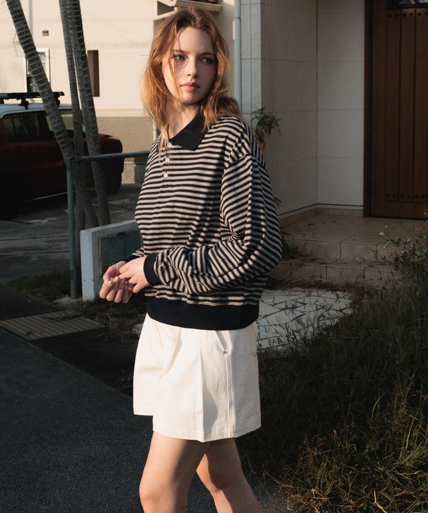 DEHEVE Collar Stripe Sweatshirt [Navy]
