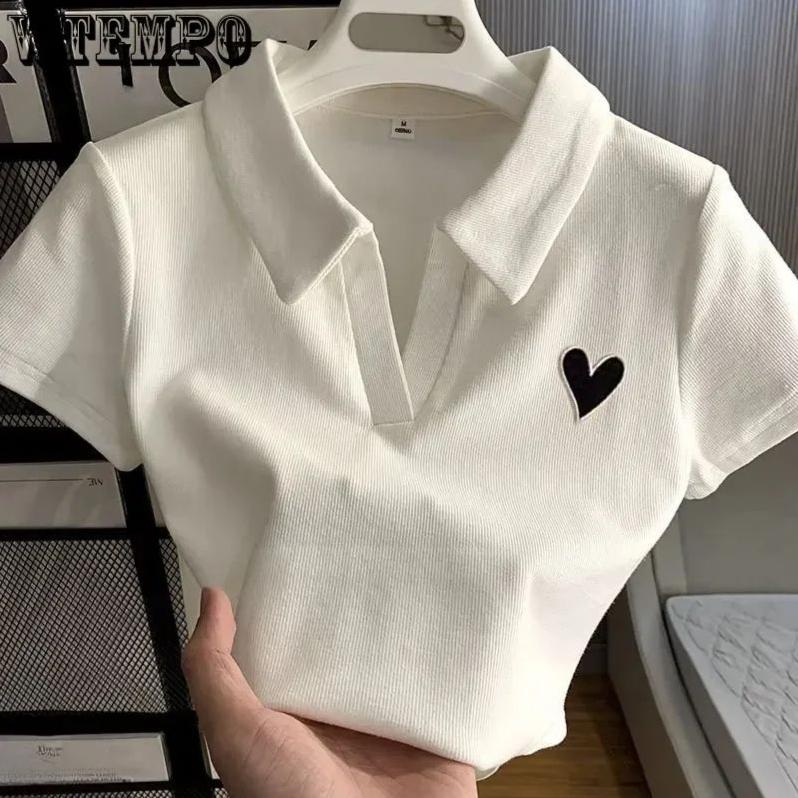 Loves Embroidery T-shirt Polo Collar Orthoshoulder Slim Hotsweet Women's Crop Top Korean Fashion Hottie Simple Casual
