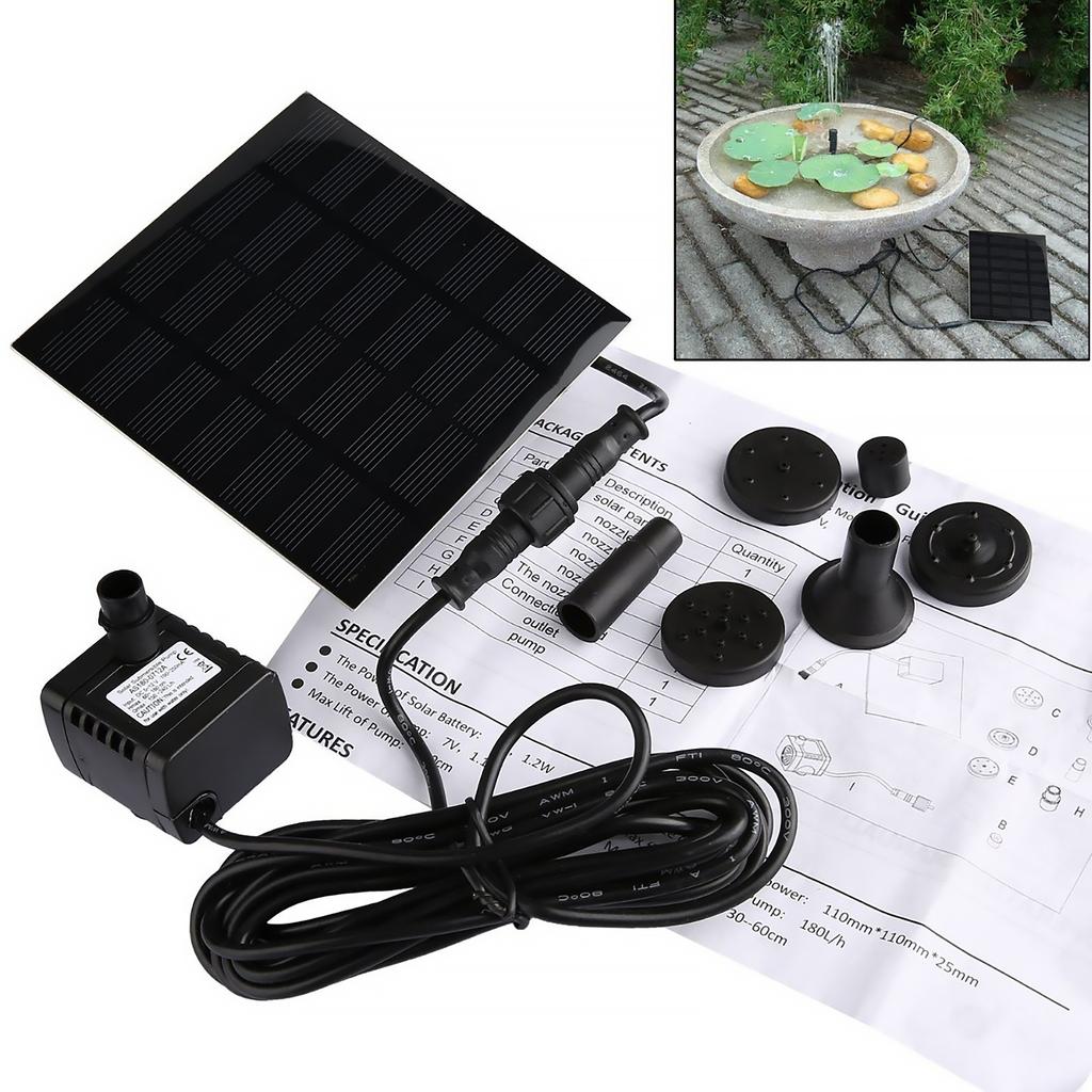 1-2PC Mini Solar Fountain Pump 1.2W Power Board Kit Solar Panel Water Pump for Garden Pool Bird Bathroom Fountain with 6 Nozzles