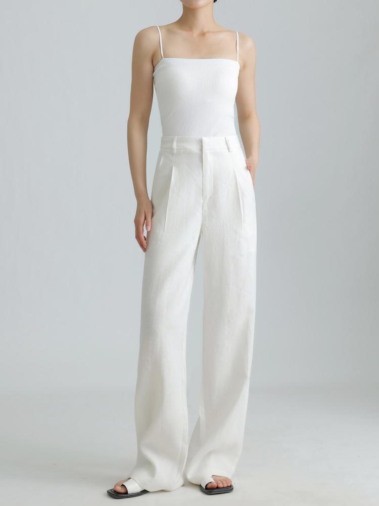 2026 Summer High-Waisted Wide-Leg Cotton Linen Pants White Casual Old Money Style Women
