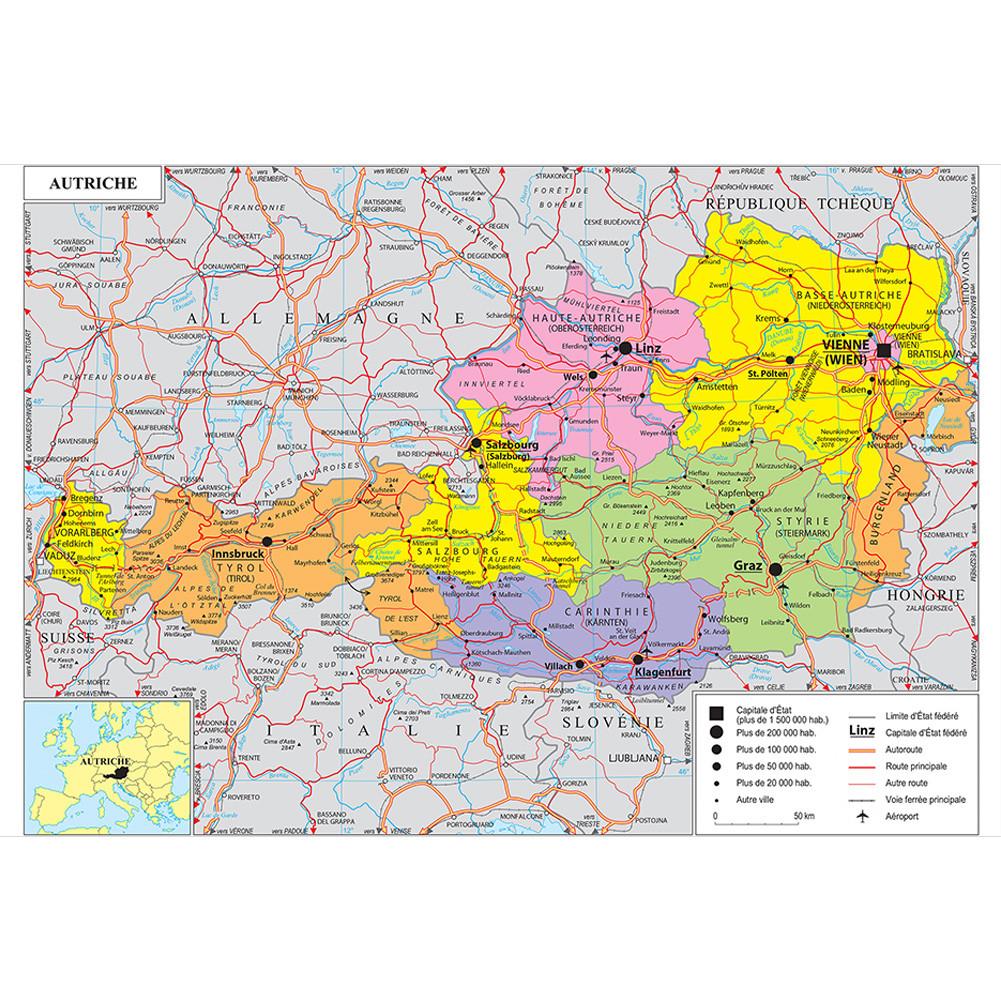 Карта французской серии - административная карта Австрии, настенный декор, подарок, туристический/образовательный инструмент, для гостиной, ванной комнаты, домашнего офиса
