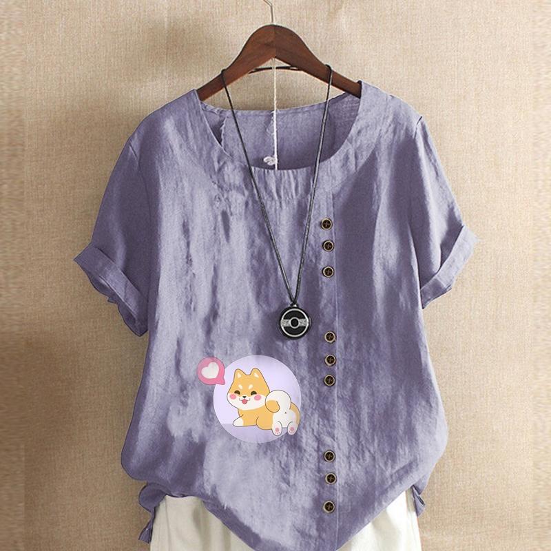Женская модная футболка с круглым вырезом и коротким рукавом с принтом милой собаки, повседневная рубашка из хлопка и льна с рисунком, свободная летняя блузка для отдыха, топы