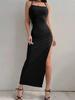 Сексуальное черное длинное облегающее платье женское летнее без рукавов квадратный вырез спагетти бретельки платья