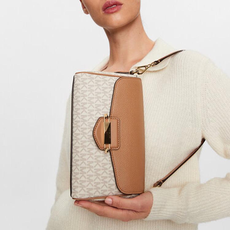 Michael Kors MK Fleur Solid Logo Lock Flap Closure Leather Baguette Bag Women Handbags Vanilla Brown 32F3G6FC1B-VANILLA/ACRN