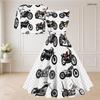Women Plus Size Two Piece Dress Set Short Sleeve Cropped Shrug Square Neck Sleeveless Tie Waist Flared Long Cartoon Vehicle Printed White