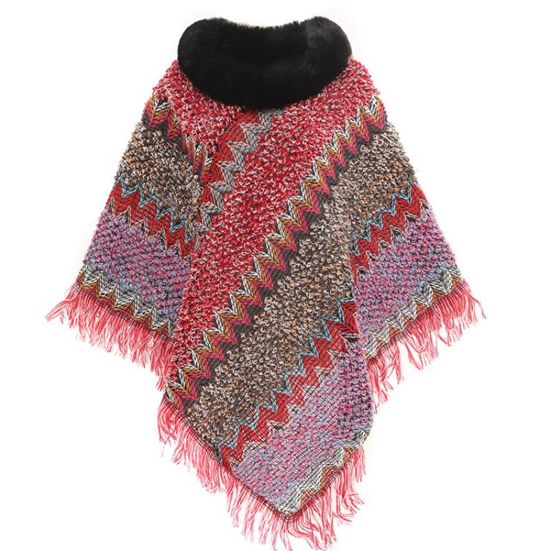Цветной этнический стиль пуловер накидка женская меховой воротник женская вязаная накидка теплая осенне-зимняя шаль