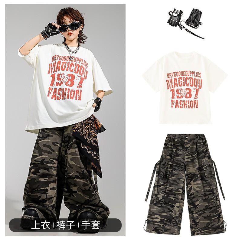 Kids Hip Hop Dance Outfit Set With Camo Cargo Pants Retro Print Tee Boys Girls Street Performance