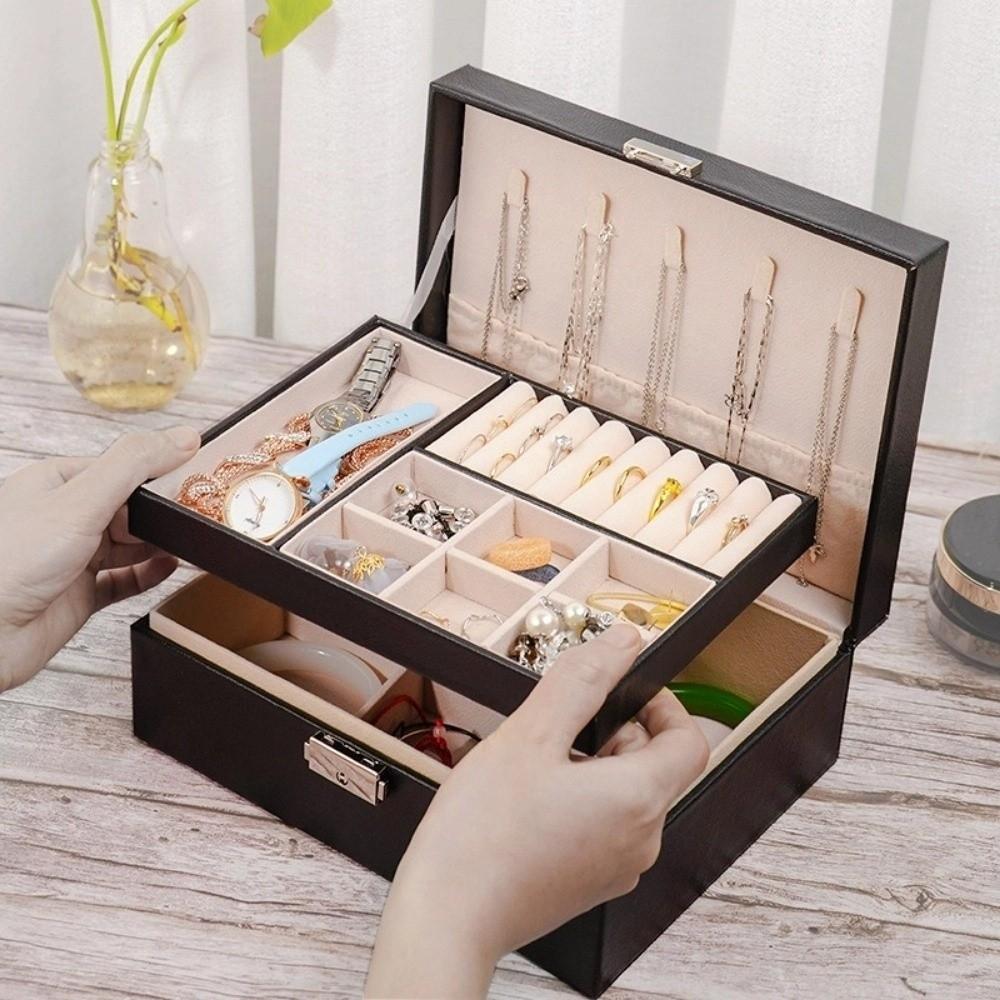 2 Layer Double-layer Jewelry Box with Lock Jewelry Display Case  Home and Travel