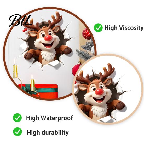 Durable PVC Wall Stickers Christmas Reindeer Decal, 3D Hole Illusion Red Nose Rudolph Sticker, Seasonal Window Decorations Peel And Stick Waterproof