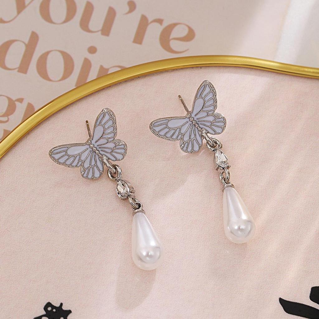 Французские ретро серьги-бабочки «Серебряная игла» с эмалевой инкрустацией и жемчужной подвеской