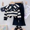 Girls' Long Sleeve Set Autumn and Winter Girls' Large Lapel Pleated Stripe Top+Bell-bottoms Two Piece Girls' Set