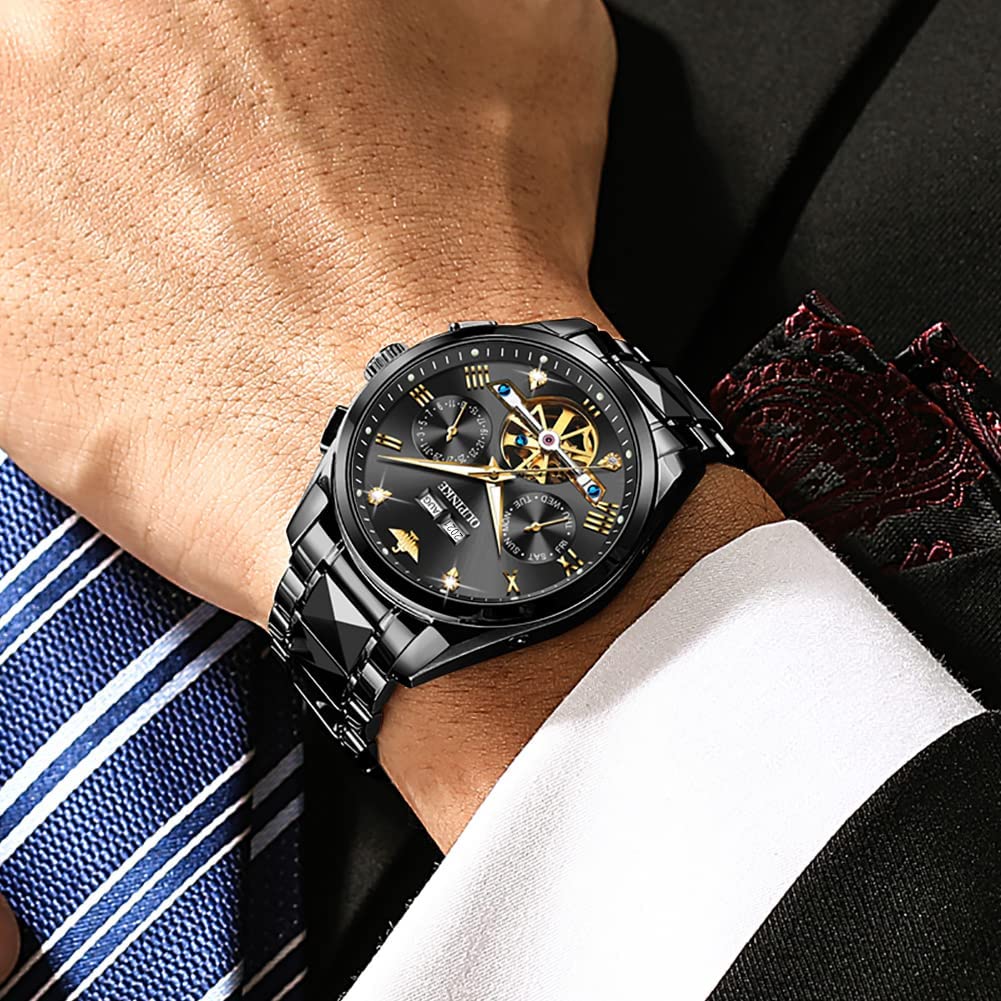 Полностью черные автоматические часы Роскошный джентльмен Популярный скелетон Вольфрам Сапфир Люминесцентные Водонепроницаемость до 5 атм Дата День недели Черные мужские