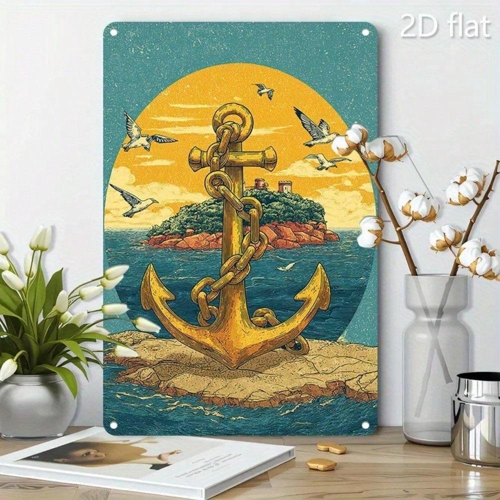 Винтажная металлическая табличка "Золотой Якорь" (Golden Anchor Isle) 8x12 дюймов, прибрежный декор для стены дома, бара, кафе