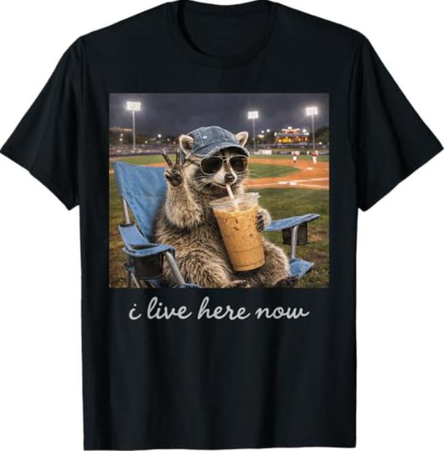 Funny Raccoon Ballfield Baseball Field I Live Here Now Black T-Shirt