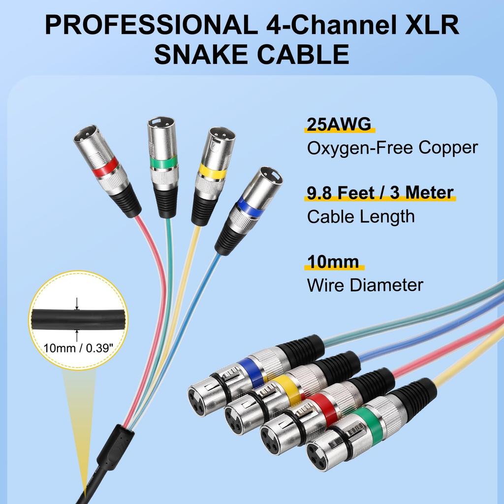Uxcell 1 шт. 4-канальный XLR-кабель-змея, 4 цвета, XLR-папа-мама, микрофонный кабель, 4-жильный микрофонный патч-корд, балансное соединение, для сцены,