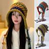 Women Colorful Rainbow Long Tassel Knitted Beanie Hat Wool Crochet Winter Ear Warmer Caps Korean Girl Windproof Pullover Hats