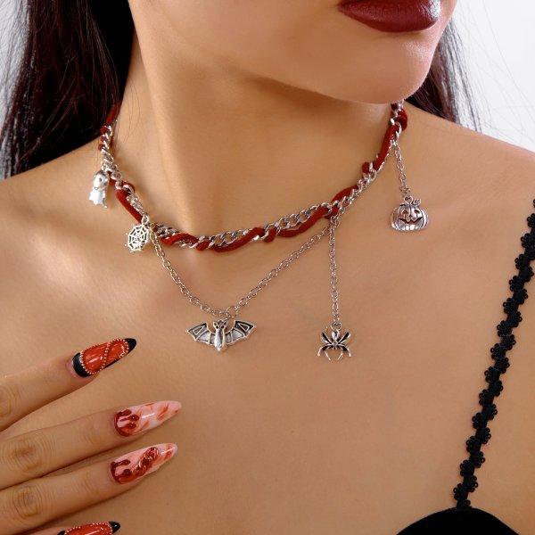 Funny Halloween Necklace For Women Inlaid Zircon Pumpkin Spider Web Ghost Black Cat Skeleton Pendant Choker Festival Jewelry