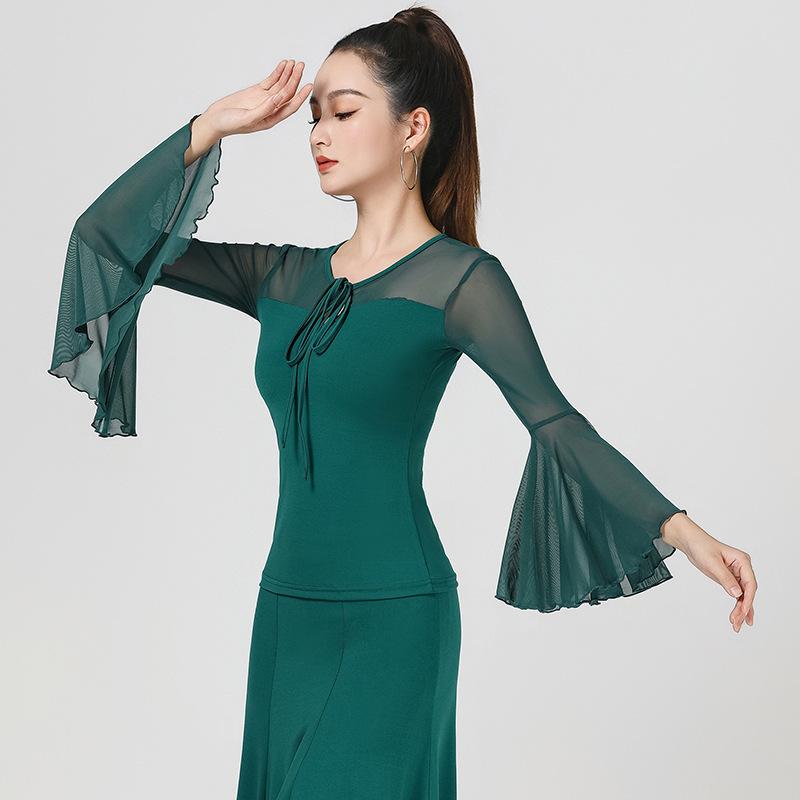 Women's Dance Suit Top Line Dance Clothing Summer Black Long Sleeve Mesh Ballroom Modern Female Dance Suit Samba Party Dresses