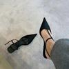 2024 Black French Pointed Toe Kitten Heel Sandals – Women's Chunky Mid-Heel Casual Shoes