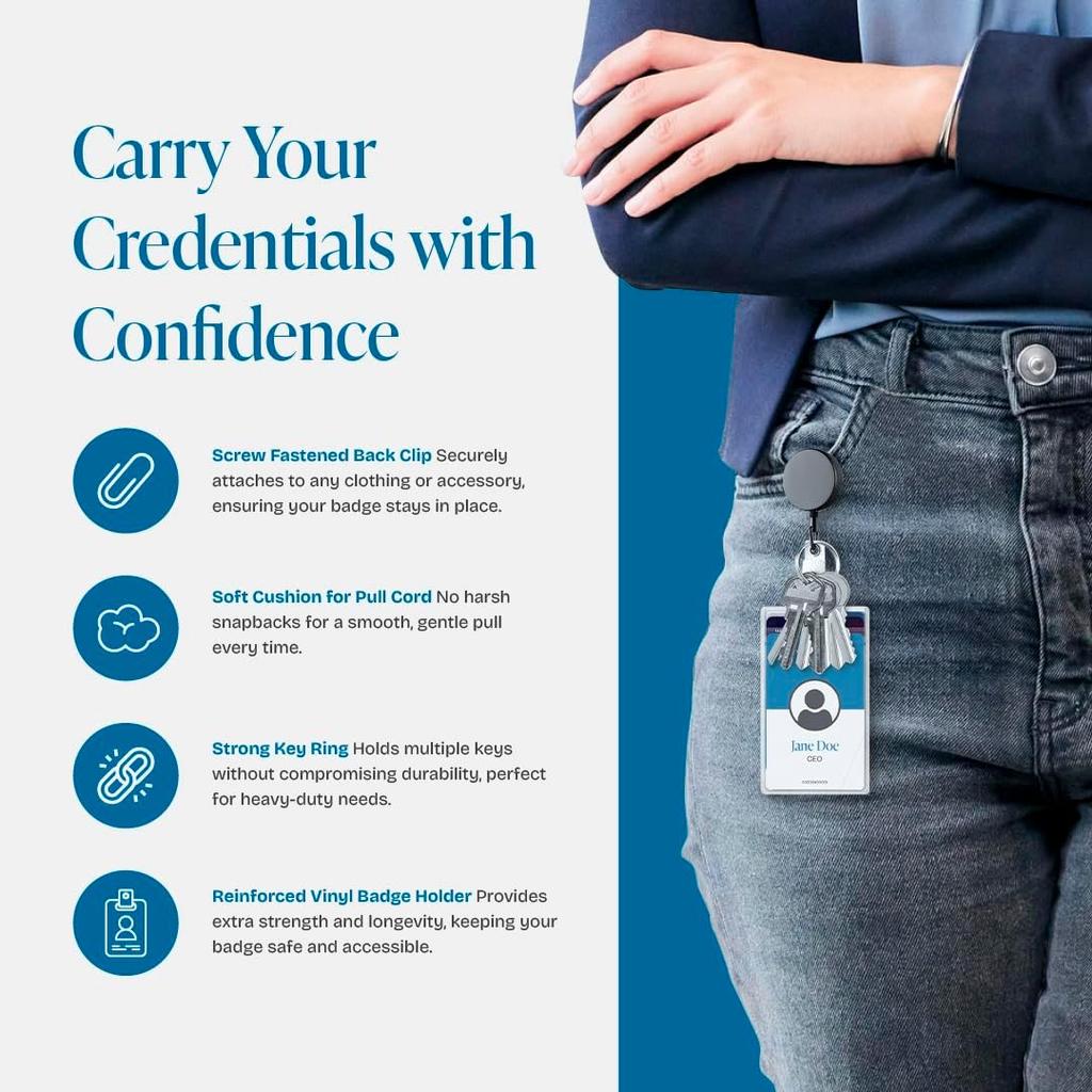 Small Heavy Duty Retractable Badge Holder Reels Metal ID Badge Holders with Belt Clip Key Ring Keychain 62cm UHMWPE Fiber Cord Reinforced ID Strap