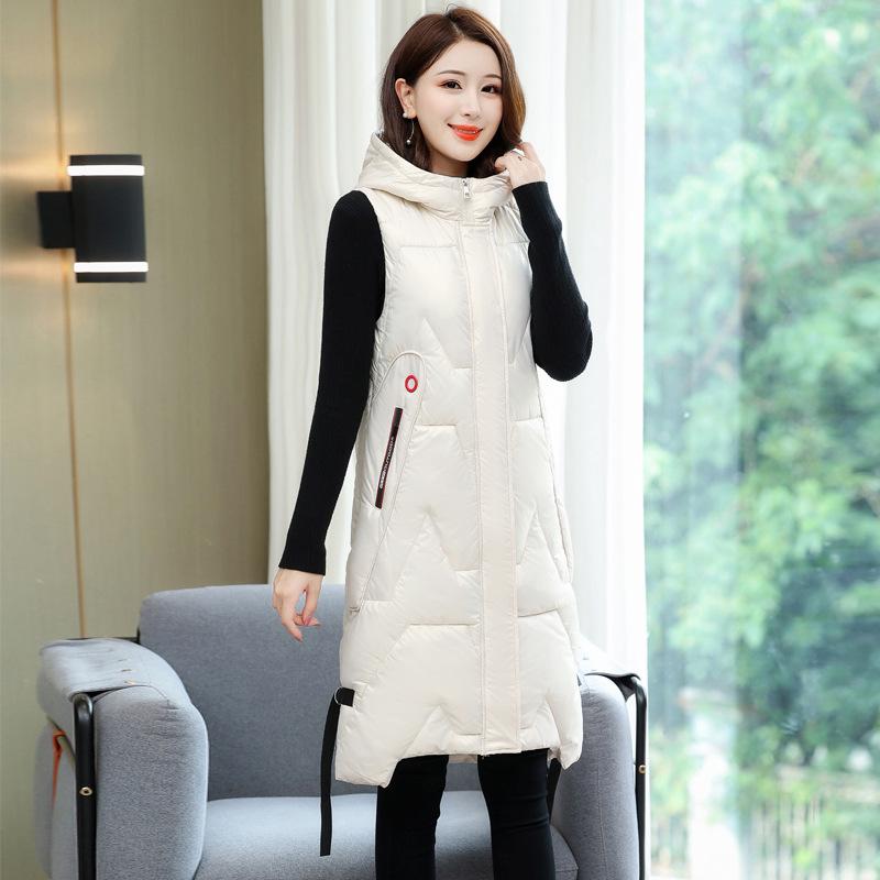 Women's Autumn and Winter Long Warm Vest Puffy Zipper Warm Vest Hooded Lined Padded Cotton Vests