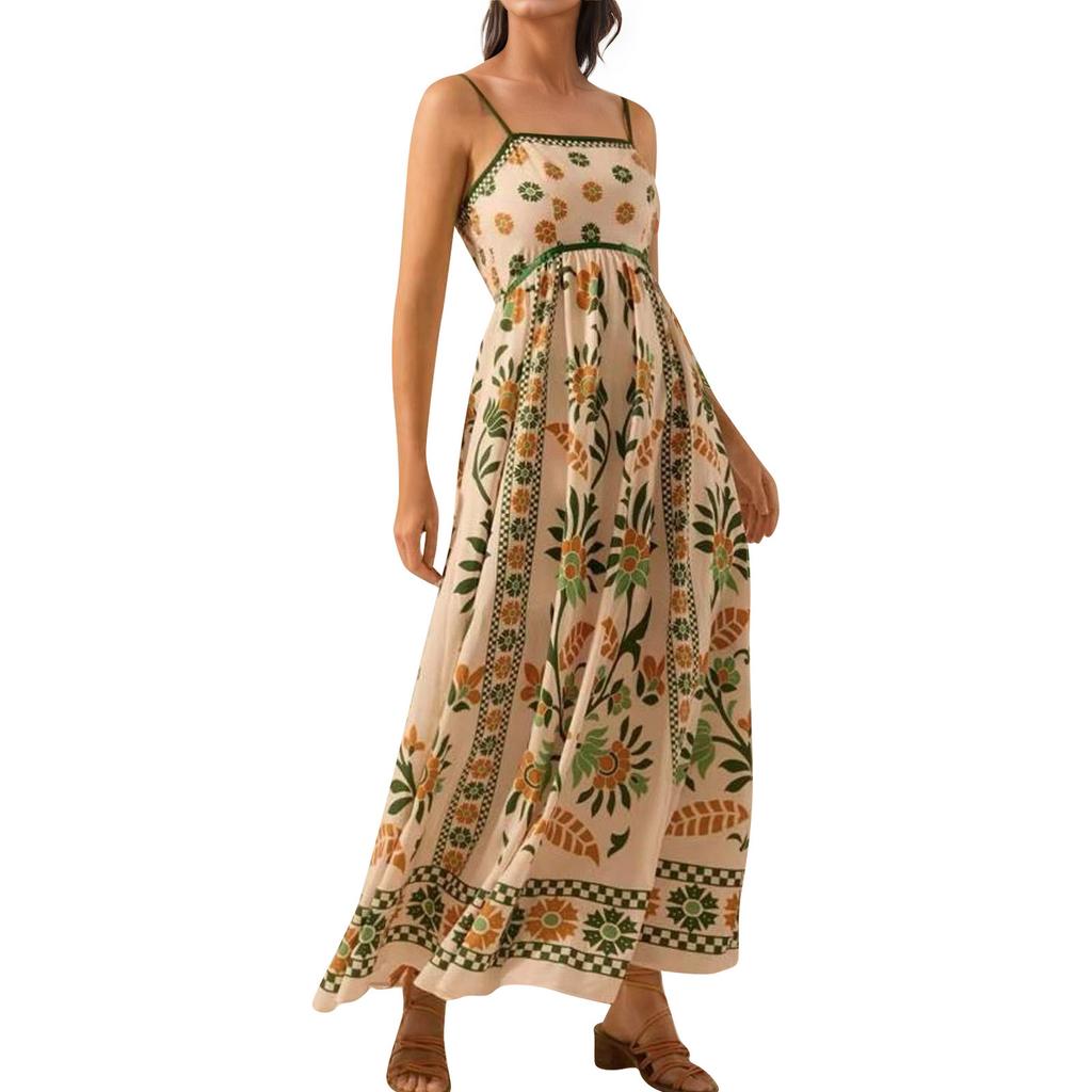 Women's Casual Fashion Vintage Floral Print Suspender Dress Elegant Holiday Dress