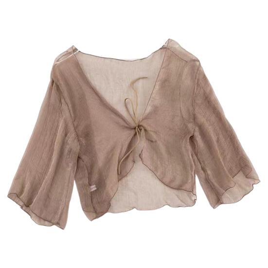 Women Sheer Chiffon Cardigan with Front-tie Transparent Loose Top Elegant Retro Style Shawl for Vacation Beach Daily Wear