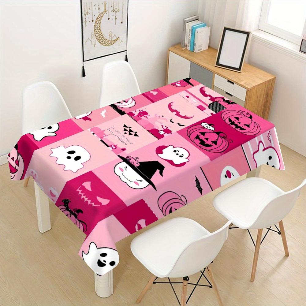Halloween Rectangle Table Cloth Pink Ghost Pumpkin Patchwork Table Cover Cute Spooky Ornament for Halloween Dining Table Decor