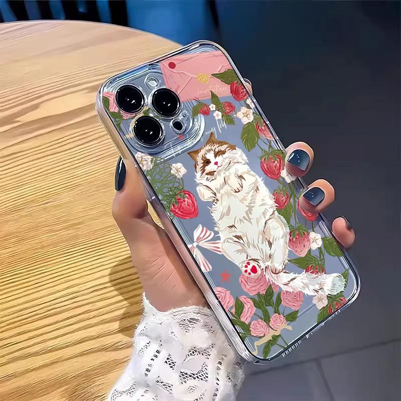 Корейский Чехол для Телефона с Рисунком Кота и Клубничным Цветком Для Samsung Galaxy A14 A15 S21 S22 S23 S24 FE Plus Ultra A25 A35 A52 A53 A54 A55