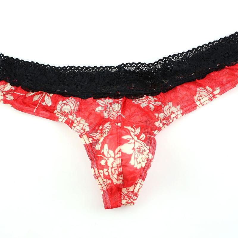 Men's Underwear Mesh Printing Thongs Lace Transparent Sexy Thongs U Breathable Transparent Thongs