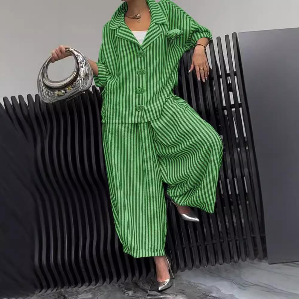 Women's Black and White Striped Button-Up Shirt with Wide Leg Pants Set, Fashionable Two-Piece Outfit