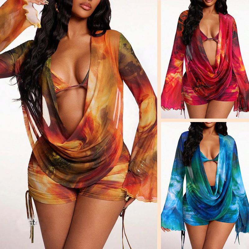 European And American Print Sexy Lace-Up Long-Sleeved Blouse Bikini Three-Piece Swimsuit Boxers Slimming Swimsuit Women