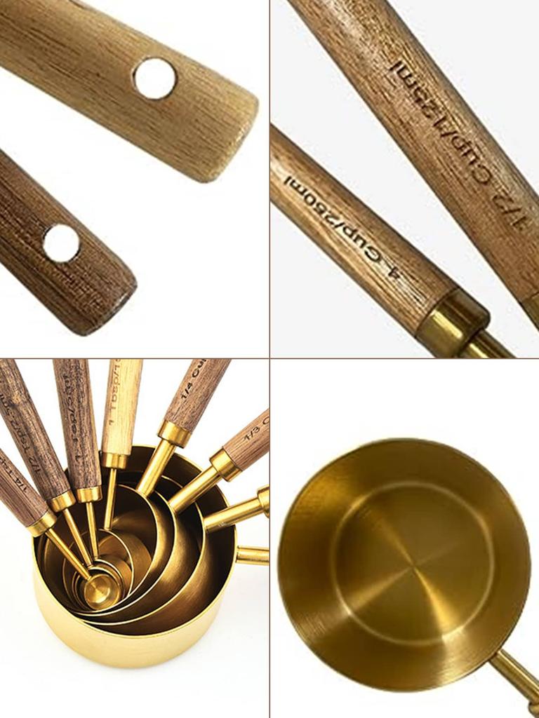 Leeseph 8 Piece Coffee Gold Measuring Cups Set and Measuring Spoons, Wood Handle Measuring Cups, Coffee Spoon Measuring Tools