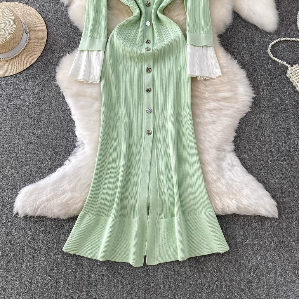 Autumn Winter Women V-neck Full Sleeve Knitted Pullover Sweater Party Long Maxi Mermaid Dresses