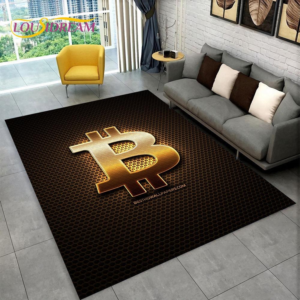 3D Bitcoin Virtual Currency Area Rug Large Carpet Rug for Living Room Bedroom Sofa Playroom Doormat Decor Kid Non-slip Floor Mat