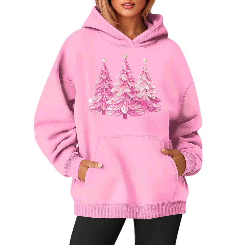 Women's Sweatshirts Round Neck Long Sleeve Christmas Printed Top Solid Color Hoodie