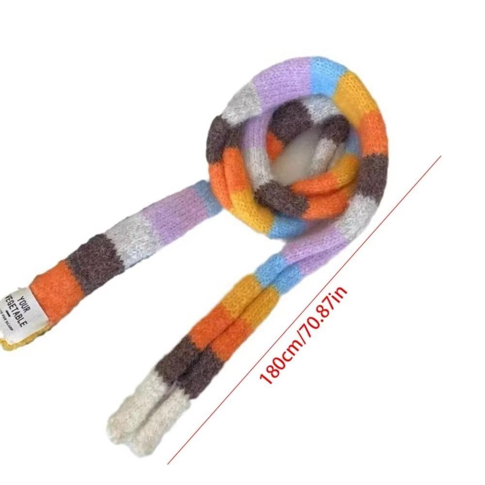 Knitted Wool Sausage Thin Scarf With Warm Color Splicing Contrast Rainbow Color Scarf Winter