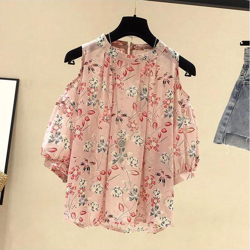 Chiffon Printed Off-the-shoulder Short Sleeve Top Ladies Plus Size Blouse for Women