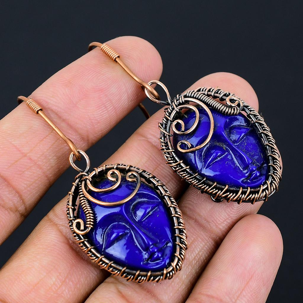 Natural Blue Cameo Face Gemstone Handmade Copper Wire Wrap Earring 2.44 b4O70