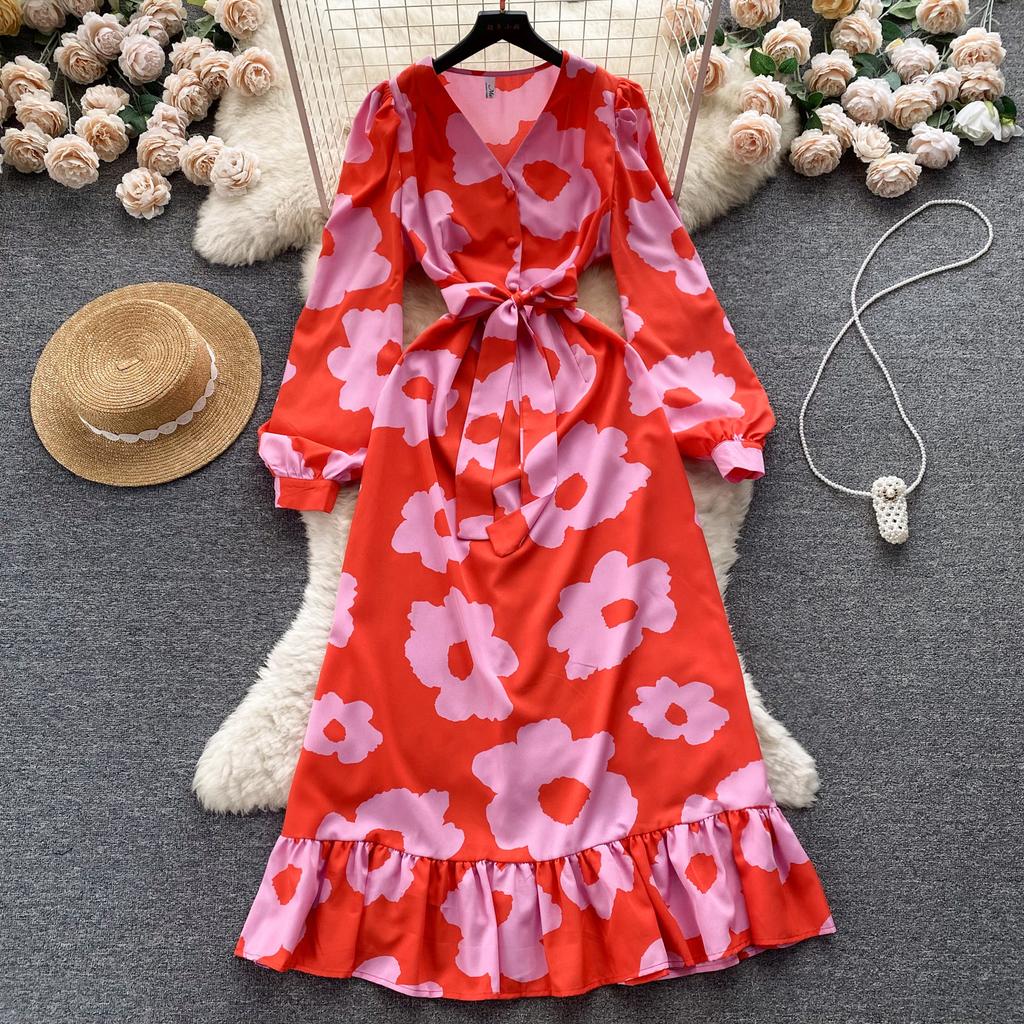 Модное женское платье с цветочным принтом, осеннее элегантное винтажное Бандажное длинное платье макси с рюшами по подолу, вечерние платья