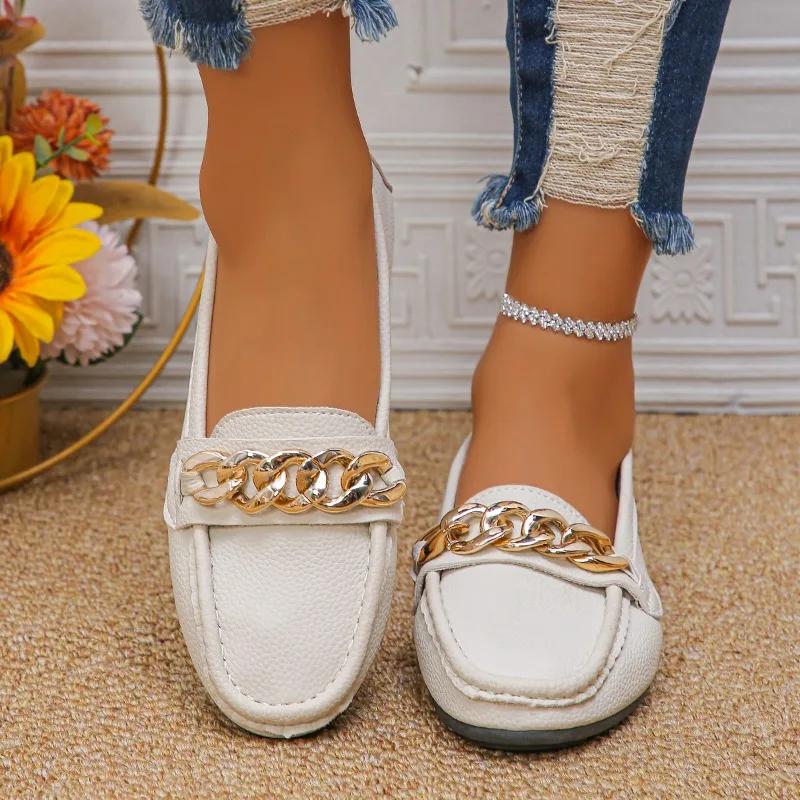 Women's Shoes 2024 Plus Size Slip On Women's Flats Casual Bean Flats Women The Chain Round Toe Outdoor Soft Bottom Ladies Shoes