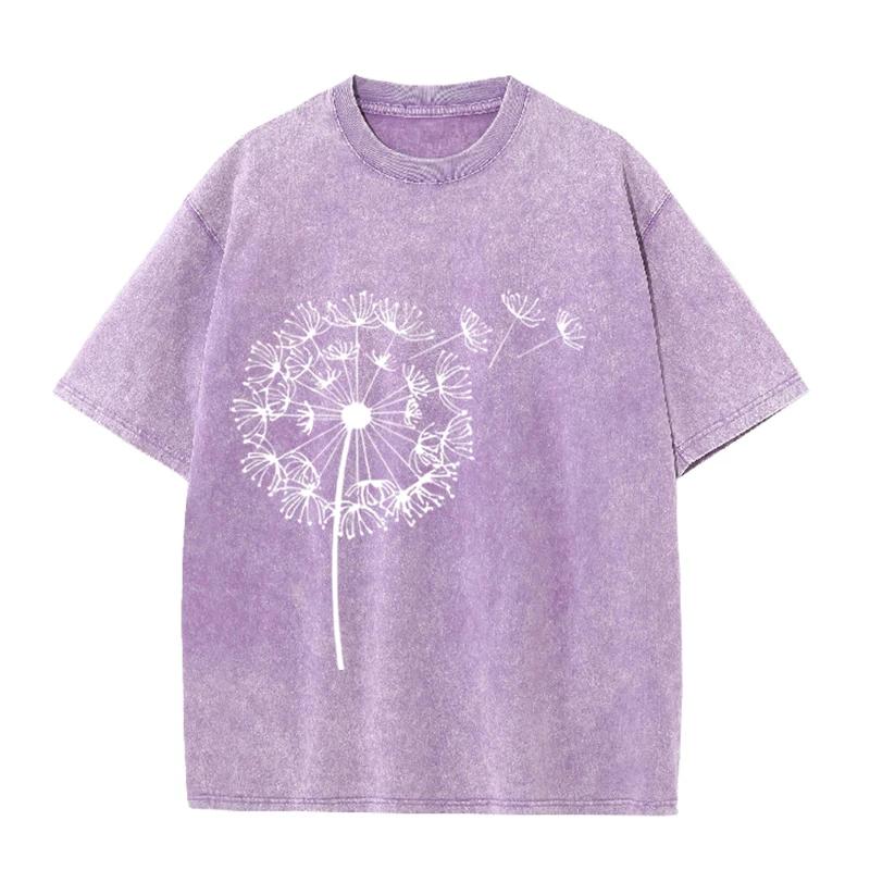 Black Vintage Washed Dandelion T Shirt Minimalist Floral Casual Streetwear Tee