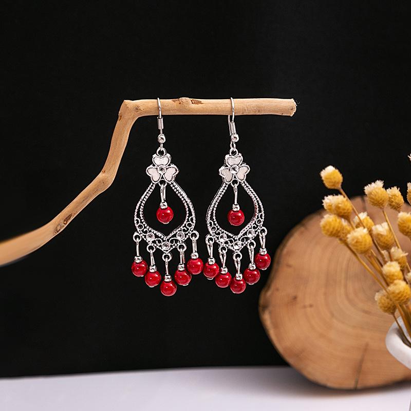 European and American Retro Hollow Turquoise Tassel Bohemian Earrings for Women