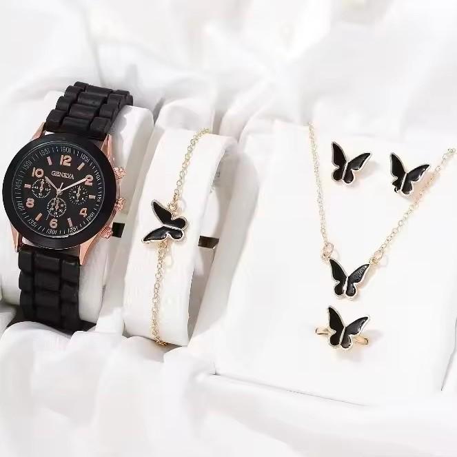 5Pcsset Niche Fashion Versatile Steel Belt Watch Stud Earrings Necklace Bracelet Ring Set No Gift Box