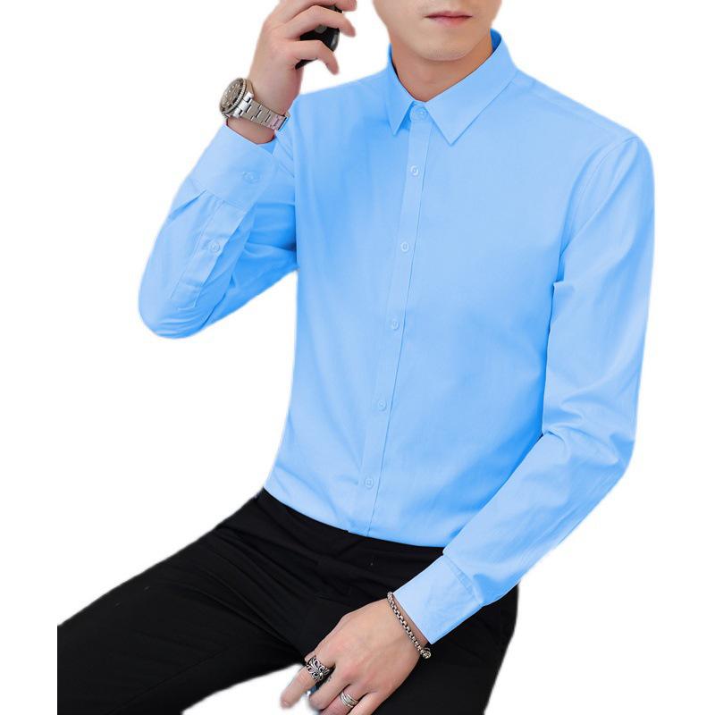 Мужская белая рубашка облегающего кроя с длинным рукавом - легко гладится, официальная деловая и свадебная одежда